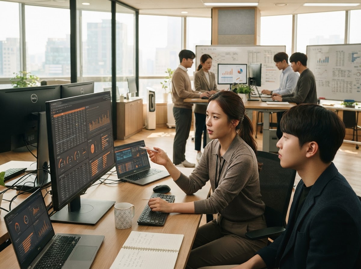 흐름연구소 FLOW LAB 팀이 데이터 분석 화면을 검토하는 모습